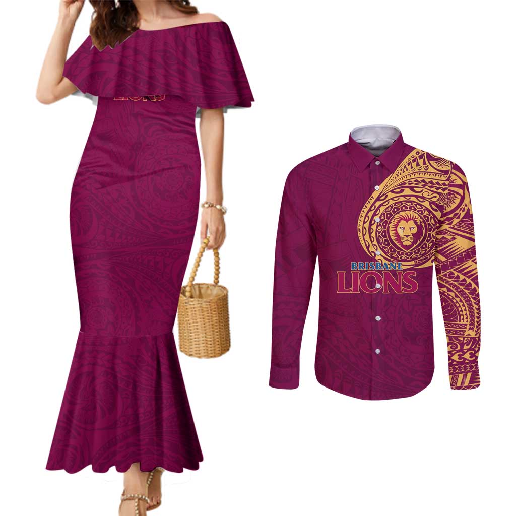 Personalized Brisbane Lions Polynesian Couples Matching Mermaid Dress and Long Sleeve Button Shirt Tribal Chest and Sleeve Tattoo Heritage Warrior