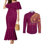 Personalized Brisbane Lions Polynesian Couples Matching Mermaid Dress and Long Sleeve Button Shirt Tribal Chest and Sleeve Tattoo Heritage Warrior