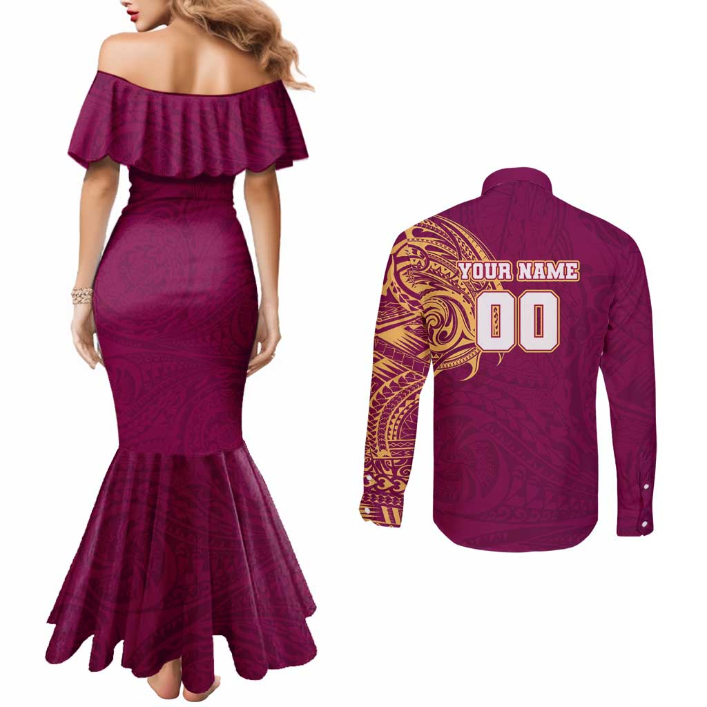 Personalized Brisbane Lions Polynesian Couples Matching Mermaid Dress and Long Sleeve Button Shirt Tribal Chest and Sleeve Tattoo Heritage Warrior