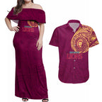 Personalized Brisbane Lions Polynesian Couples Matching Off Shoulder Maxi Dress and Hawaiian Shirt Tribal Chest and Sleeve Tattoo Heritage Warrior