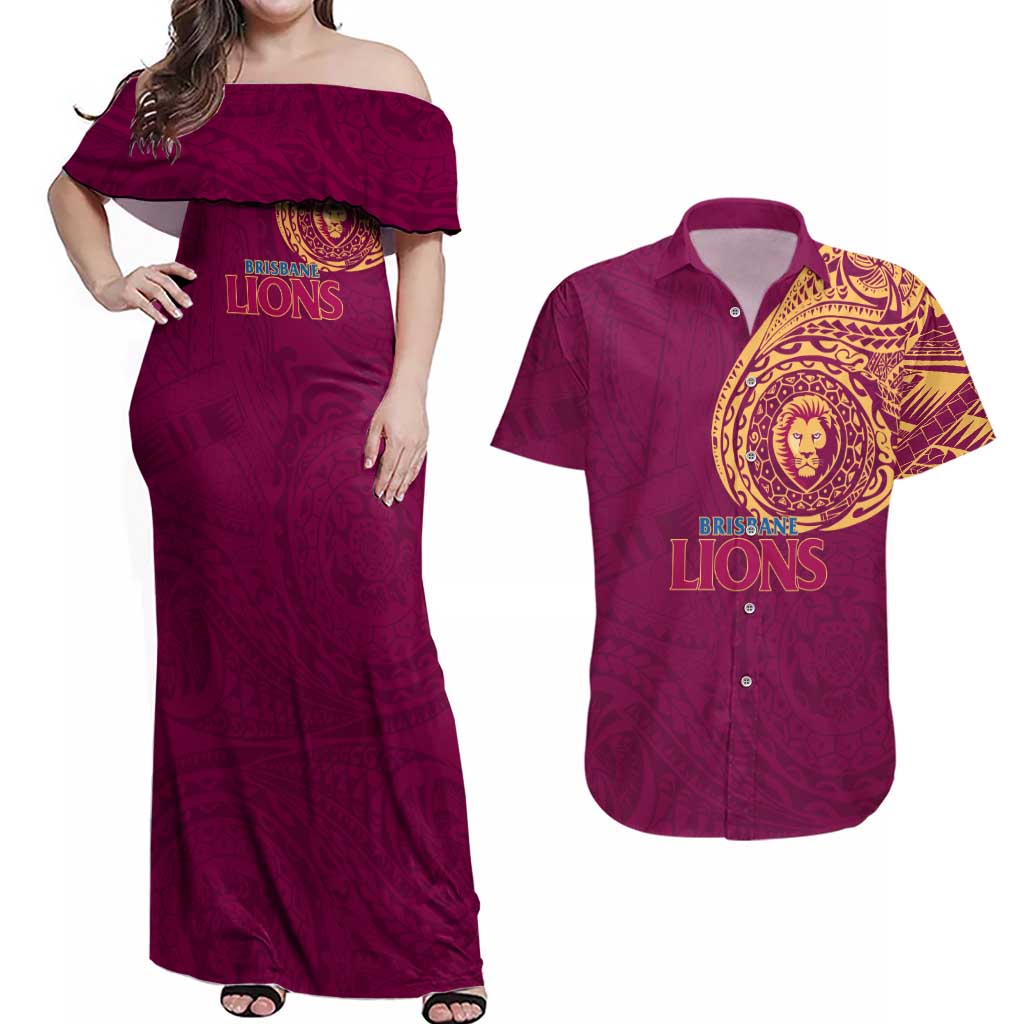 Personalized Brisbane Lions Polynesian Couples Matching Off Shoulder Maxi Dress and Hawaiian Shirt Tribal Chest and Sleeve Tattoo Heritage Warrior