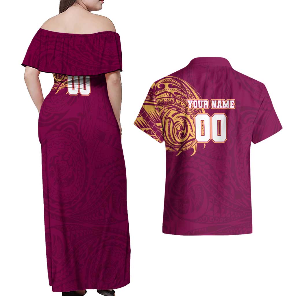 Personalized Brisbane Lions Polynesian Couples Matching Off Shoulder Maxi Dress and Hawaiian Shirt Tribal Chest and Sleeve Tattoo Heritage Warrior