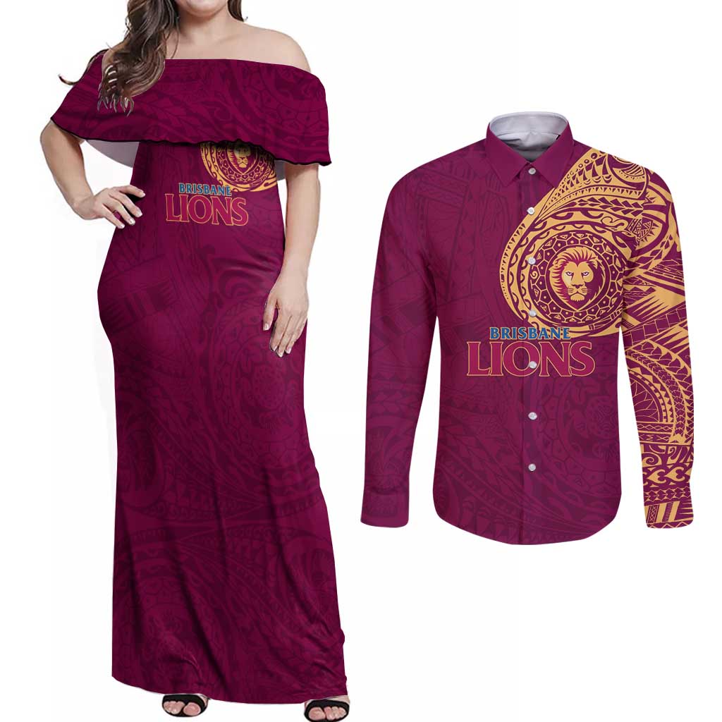 Personalized Brisbane Lions Polynesian Couples Matching Off Shoulder Maxi Dress and Long Sleeve Button Shirt Tribal Chest and Sleeve Tattoo Heritage Warrior