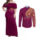 Personalized Brisbane Lions Polynesian Couples Matching Off Shoulder Maxi Dress and Long Sleeve Button Shirt Tribal Chest and Sleeve Tattoo Heritage Warrior
