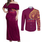 Personalized Brisbane Lions Polynesian Couples Matching Off Shoulder Maxi Dress and Long Sleeve Button Shirt Tribal Chest and Sleeve Tattoo Heritage Warrior