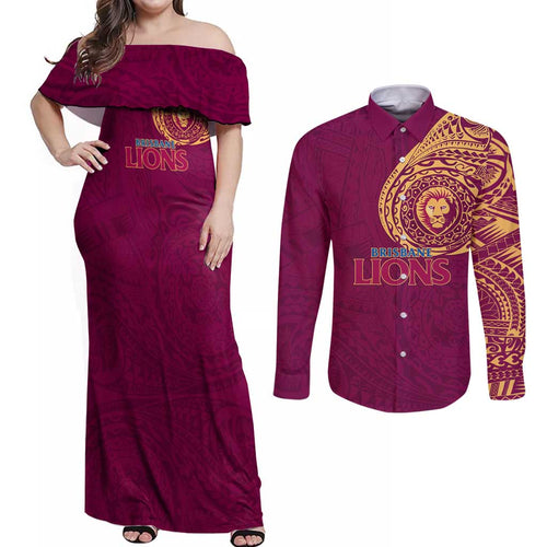Personalized Brisbane Lions Polynesian Couples Matching Off Shoulder Maxi Dress and Long Sleeve Button Shirt Tribal Chest and Sleeve Tattoo Heritage Warrior