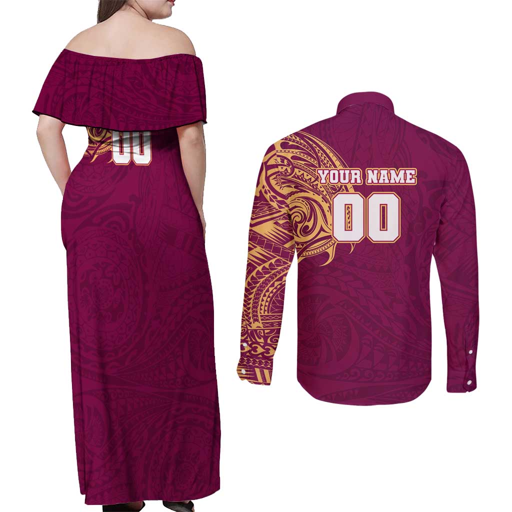Personalized Brisbane Lions Polynesian Couples Matching Off Shoulder Maxi Dress and Long Sleeve Button Shirt Tribal Chest and Sleeve Tattoo Heritage Warrior