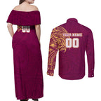 Personalized Brisbane Lions Polynesian Couples Matching Off Shoulder Maxi Dress and Long Sleeve Button Shirt Tribal Chest and Sleeve Tattoo Heritage Warrior