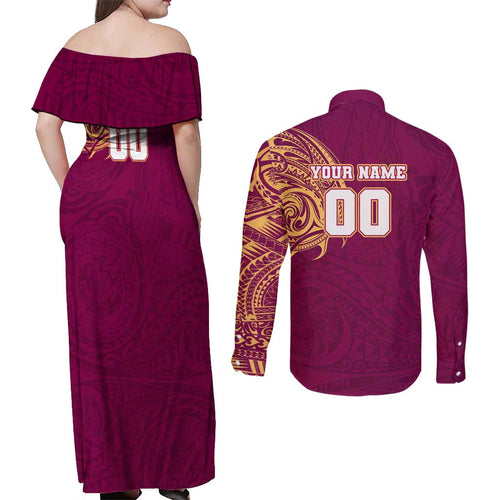 Personalized Brisbane Lions Polynesian Couples Matching Off Shoulder Maxi Dress and Long Sleeve Button Shirt Tribal Chest and Sleeve Tattoo Heritage Warrior