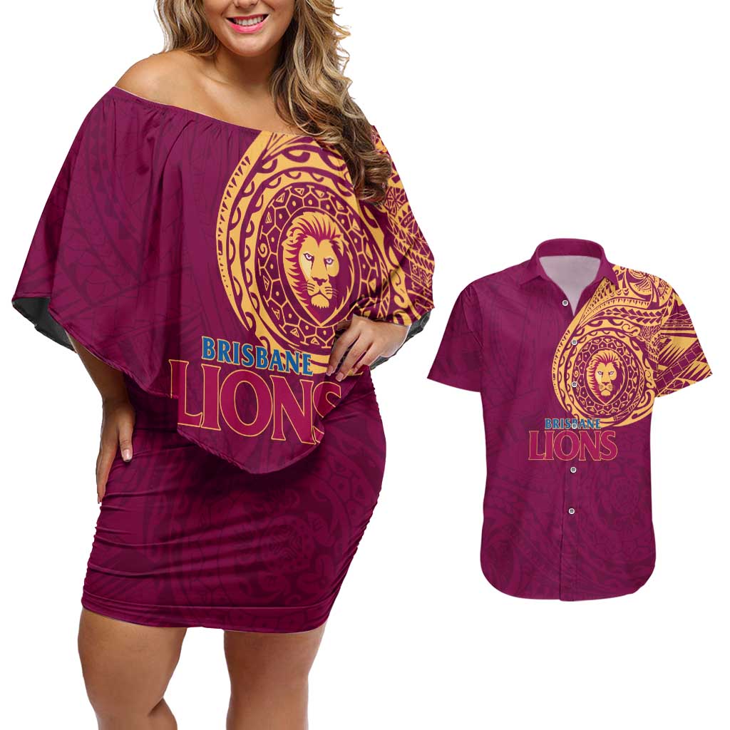 Personalized Brisbane Lions Polynesian Couples Matching Off Shoulder Short Dress and Hawaiian Shirt Tribal Chest and Sleeve Tattoo Heritage Warrior