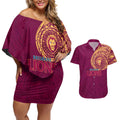 Personalized Brisbane Lions Polynesian Couples Matching Off Shoulder Short Dress and Hawaiian Shirt Tribal Chest and Sleeve Tattoo Heritage Warrior