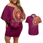 Personalized Brisbane Lions Polynesian Couples Matching Off Shoulder Short Dress and Hawaiian Shirt Tribal Chest and Sleeve Tattoo Heritage Warrior