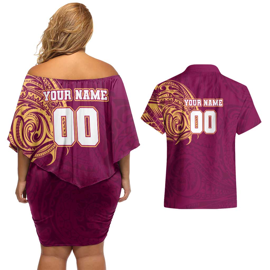 Personalized Brisbane Lions Polynesian Couples Matching Off Shoulder Short Dress and Hawaiian Shirt Tribal Chest and Sleeve Tattoo Heritage Warrior