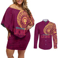 Personalized Brisbane Lions Polynesian Couples Matching Off Shoulder Short Dress and Long Sleeve Button Shirt Tribal Chest and Sleeve Tattoo Heritage Warrior