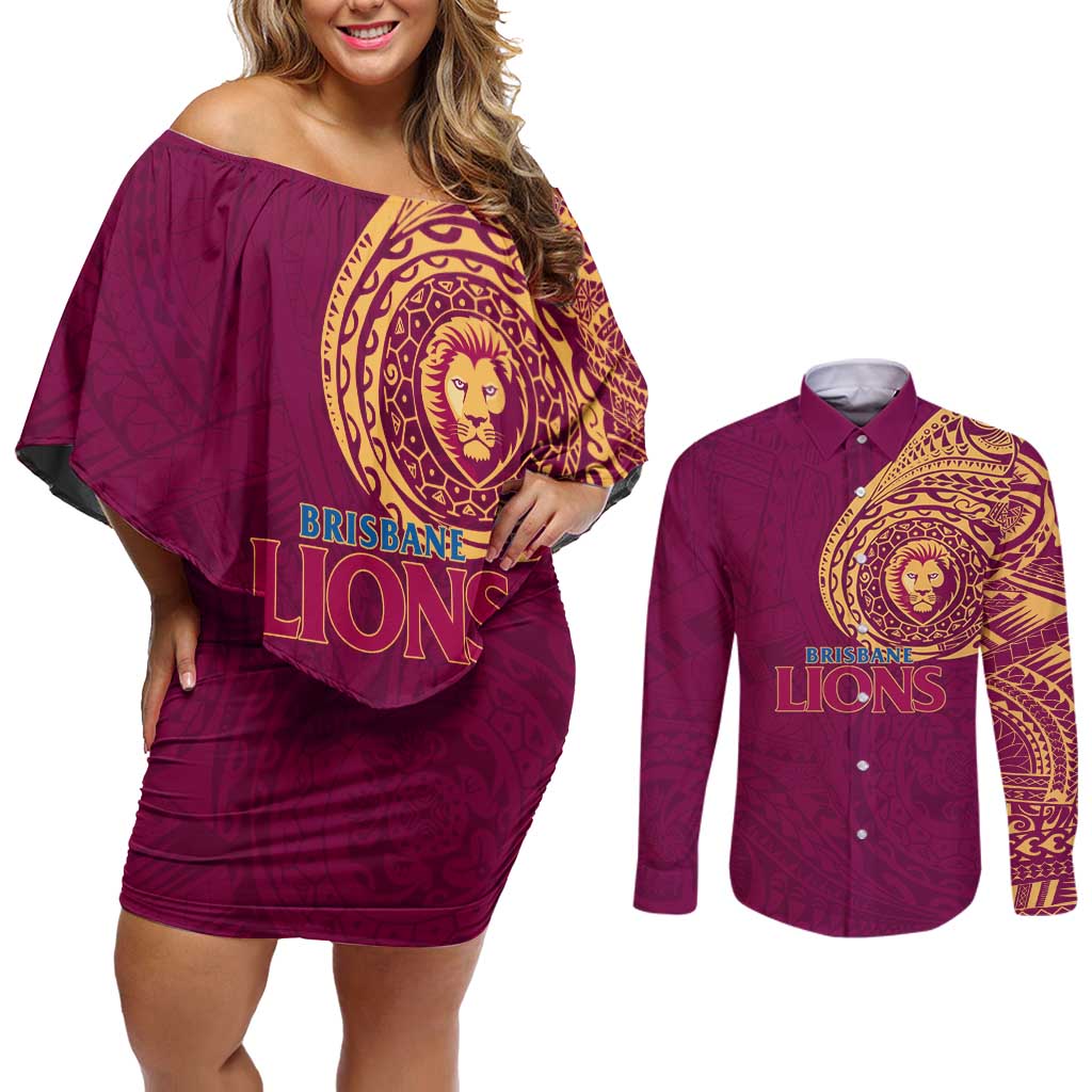 Personalized Brisbane Lions Polynesian Couples Matching Off Shoulder Short Dress and Long Sleeve Button Shirt Tribal Chest and Sleeve Tattoo Heritage Warrior