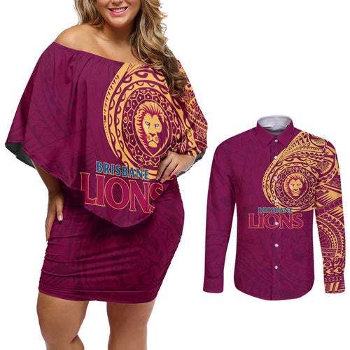 Personalized Brisbane Lions Polynesian Couples Matching Off Shoulder Short Dress and Long Sleeve Button Shirt Tribal Chest and Sleeve Tattoo Heritage Warrior