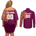 Personalized Brisbane Lions Polynesian Couples Matching Off Shoulder Short Dress and Long Sleeve Button Shirt Tribal Chest and Sleeve Tattoo Heritage Warrior