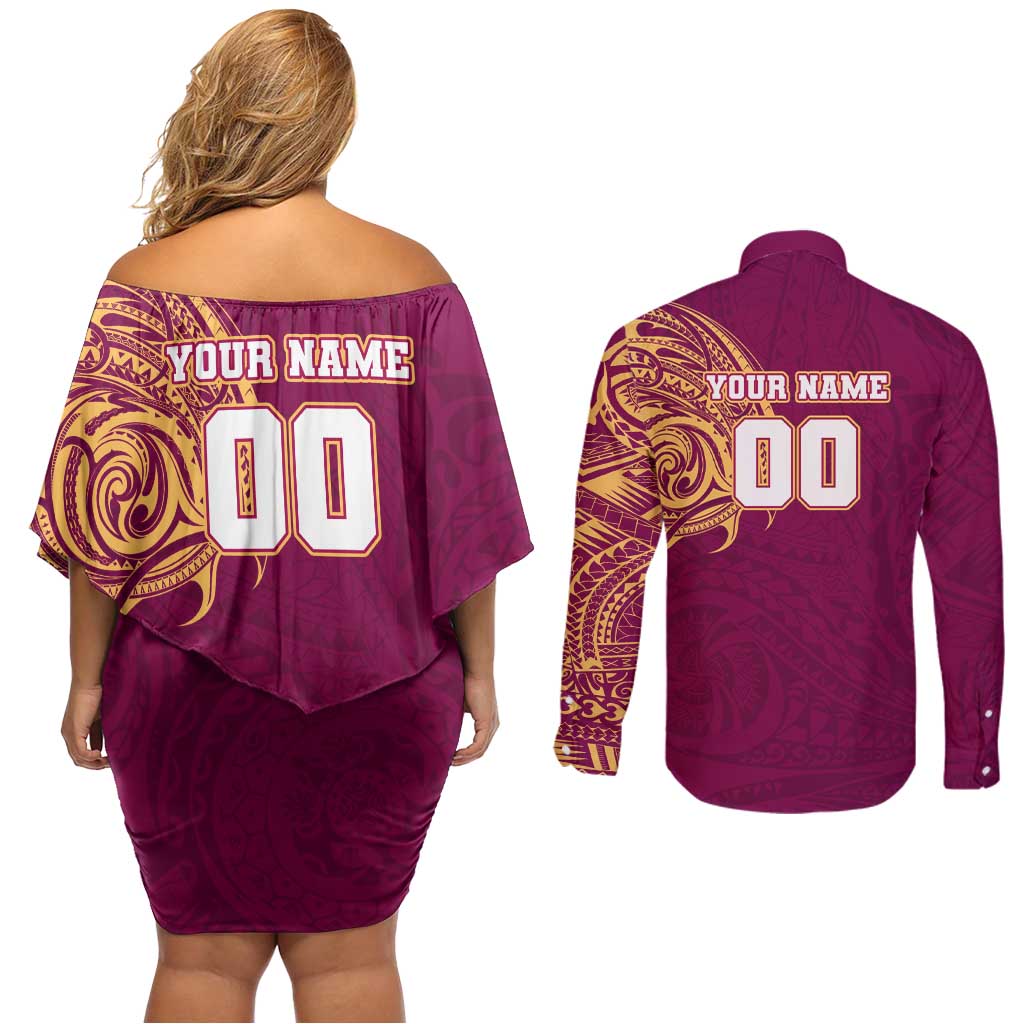 Personalized Brisbane Lions Polynesian Couples Matching Off Shoulder Short Dress and Long Sleeve Button Shirt Tribal Chest and Sleeve Tattoo Heritage Warrior