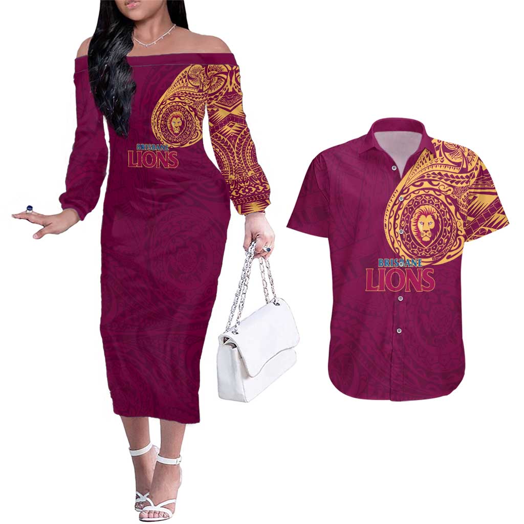 Personalized Brisbane Lions Polynesian Couples Matching Off The Shoulder Long Sleeve Dress and Hawaiian Shirt Tribal Chest and Sleeve Tattoo Heritage Warrior