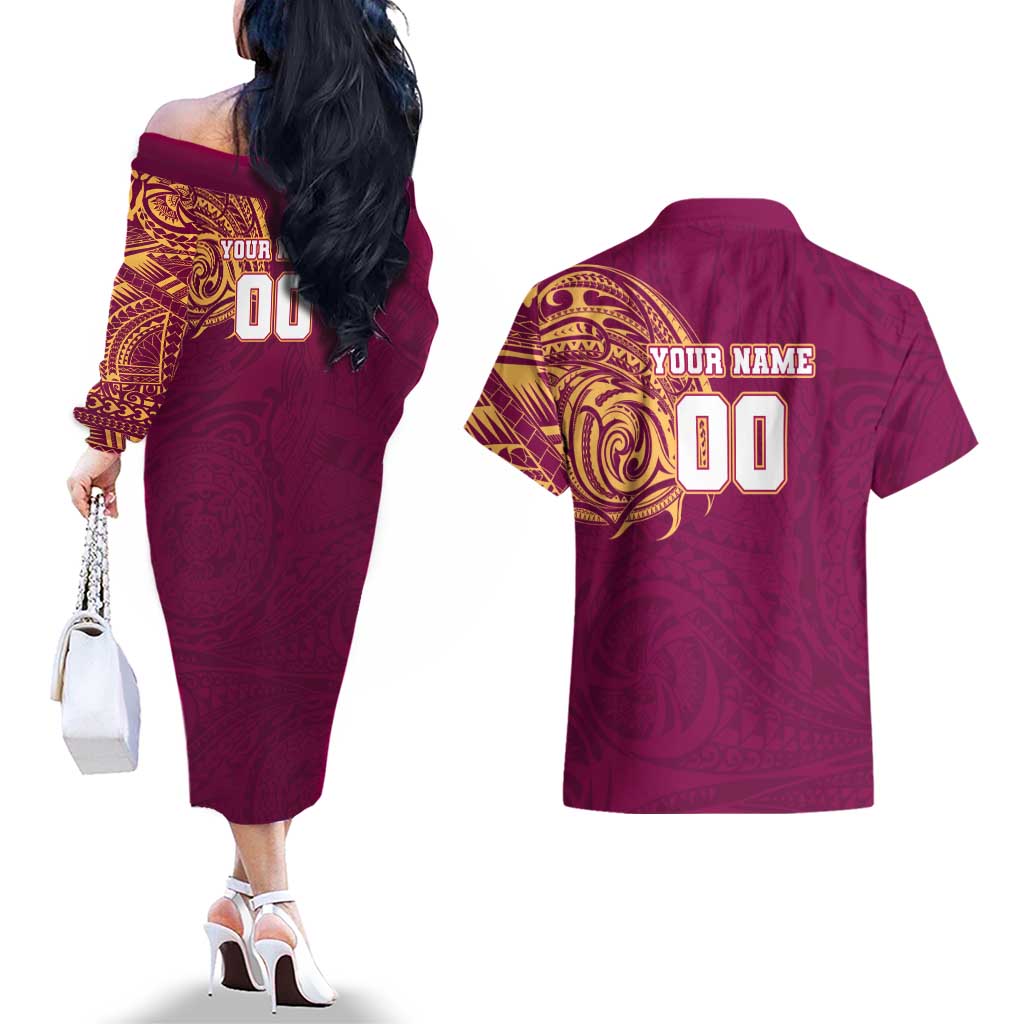 Personalized Brisbane Lions Polynesian Couples Matching Off The Shoulder Long Sleeve Dress and Hawaiian Shirt Tribal Chest and Sleeve Tattoo Heritage Warrior