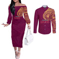 Personalized Brisbane Lions Polynesian Couples Matching Off The Shoulder Long Sleeve Dress and Long Sleeve Button Shirt Tribal Chest and Sleeve Tattoo Heritage Warrior