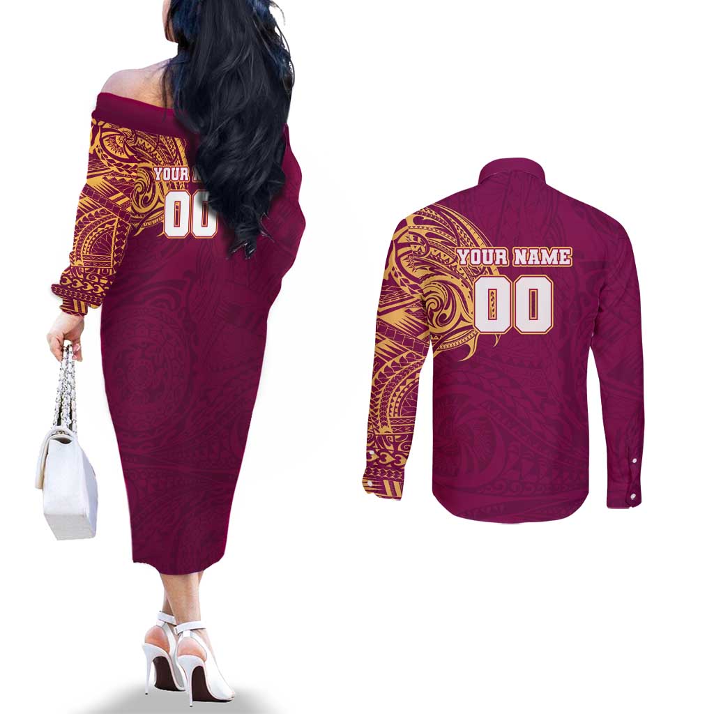 Personalized Brisbane Lions Polynesian Couples Matching Off The Shoulder Long Sleeve Dress and Long Sleeve Button Shirt Tribal Chest and Sleeve Tattoo Heritage Warrior