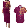 Personalized Brisbane Lions Polynesian Couples Matching Puletasi and Hawaiian Shirt Tribal Chest and Sleeve Tattoo Heritage Warrior
