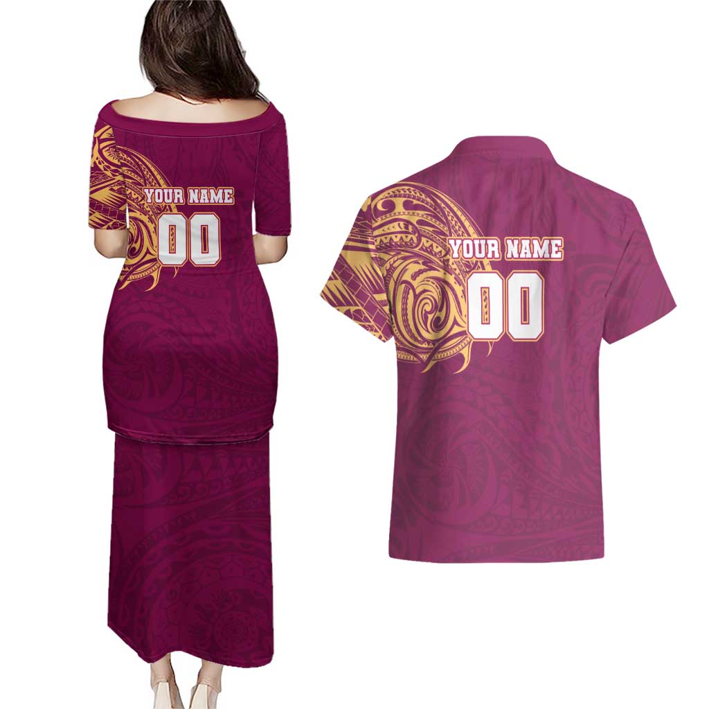 Personalized Brisbane Lions Polynesian Couples Matching Puletasi and Hawaiian Shirt Tribal Chest and Sleeve Tattoo Heritage Warrior