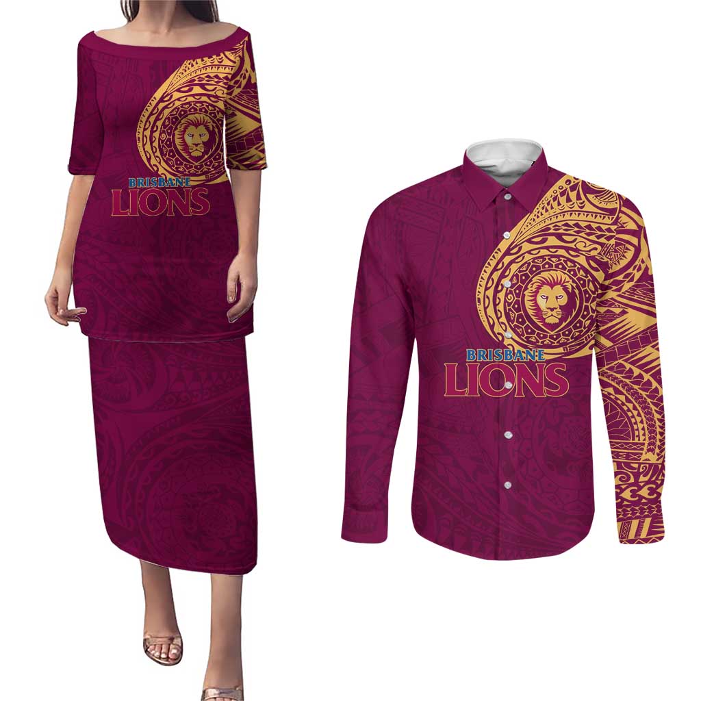 Personalized Brisbane Lions Polynesian Couples Matching Puletasi and Long Sleeve Button Shirt Tribal Chest and Sleeve Tattoo Heritage Warrior