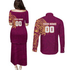 Personalized Brisbane Lions Polynesian Couples Matching Puletasi and Long Sleeve Button Shirt Tribal Chest and Sleeve Tattoo Heritage Warrior