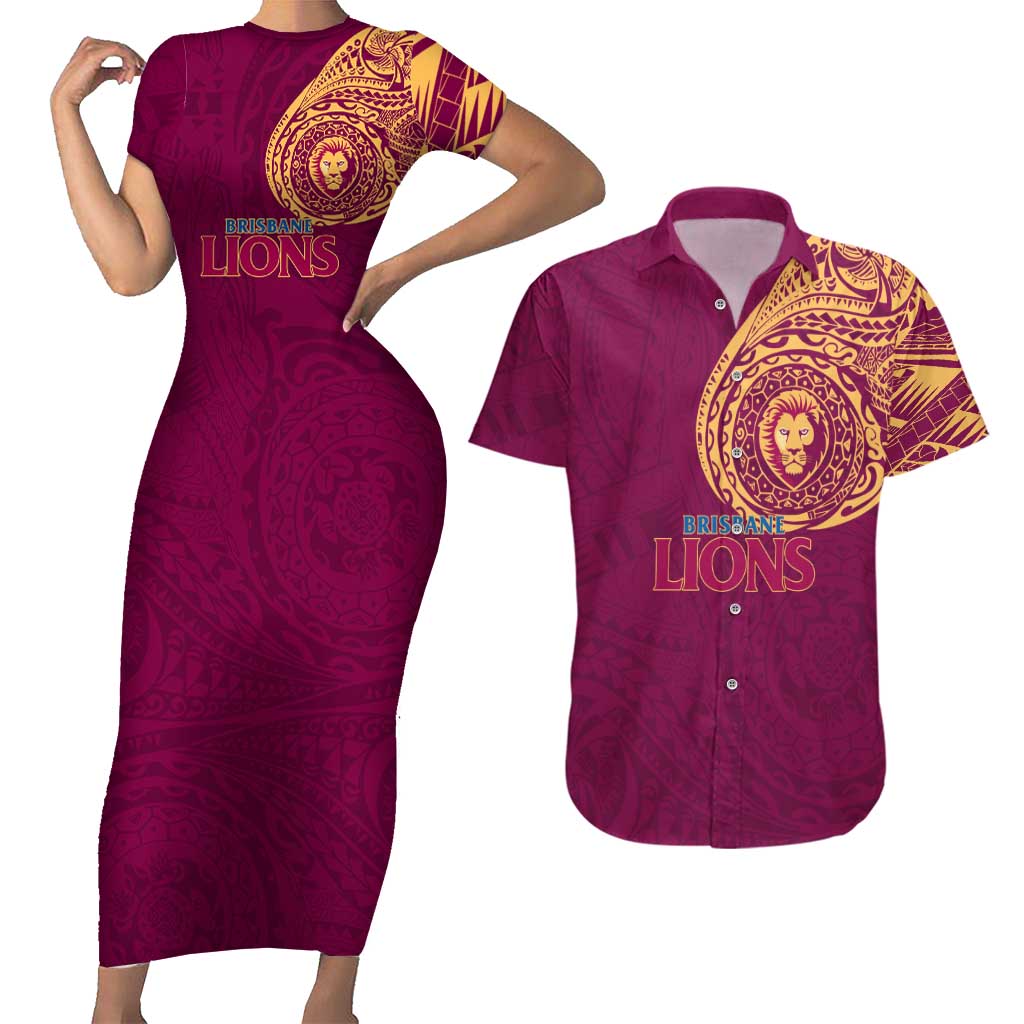 Personalized Brisbane Lions Polynesian Couples Matching Short Sleeve Bodycon Dress and Hawaiian Shirt Tribal Chest and Sleeve Tattoo Heritage Warrior