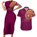 Personalized Brisbane Lions Polynesian Couples Matching Short Sleeve Bodycon Dress and Hawaiian Shirt Tribal Chest and Sleeve Tattoo Heritage Warrior