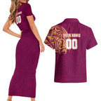 Personalized Brisbane Lions Polynesian Couples Matching Short Sleeve Bodycon Dress and Hawaiian Shirt Tribal Chest and Sleeve Tattoo Heritage Warrior