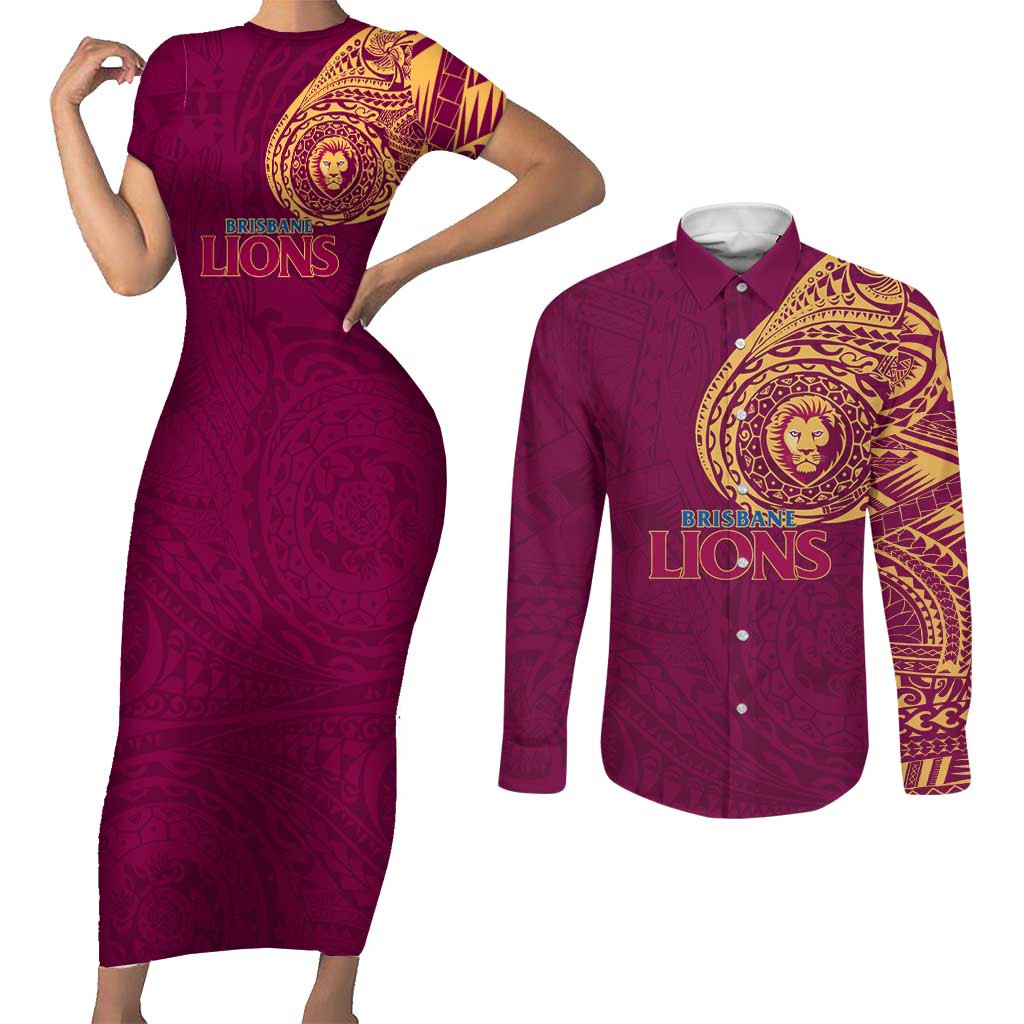 Personalized Brisbane Lions Polynesian Couples Matching Short Sleeve Bodycon Dress and Long Sleeve Button Shirt Tribal Chest and Sleeve Tattoo Heritage Warrior