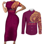 Personalized Brisbane Lions Polynesian Couples Matching Short Sleeve Bodycon Dress and Long Sleeve Button Shirt Tribal Chest and Sleeve Tattoo Heritage Warrior