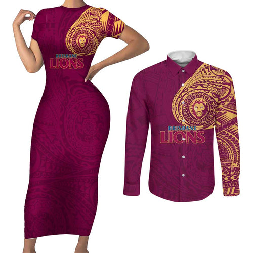 Personalized Brisbane Lions Polynesian Couples Matching Short Sleeve Bodycon Dress and Long Sleeve Button Shirt Tribal Chest and Sleeve Tattoo Heritage Warrior