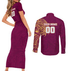 Personalized Brisbane Lions Polynesian Couples Matching Short Sleeve Bodycon Dress and Long Sleeve Button Shirt Tribal Chest and Sleeve Tattoo Heritage Warrior