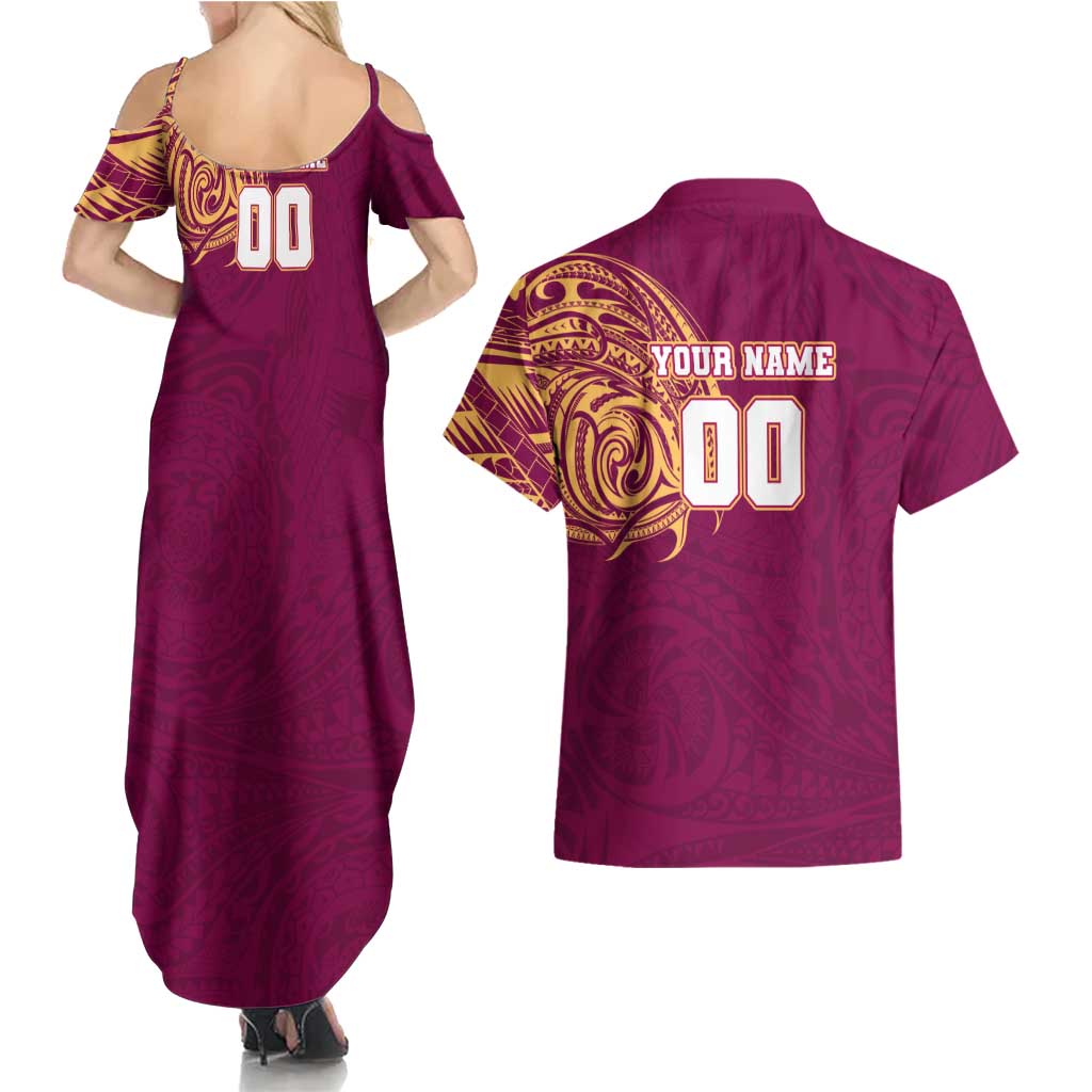 Personalized Brisbane Lions Polynesian Couples Matching Summer Maxi Dress and Hawaiian Shirt Tribal Chest and Sleeve Tattoo Heritage Warrior