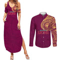 Personalized Brisbane Lions Polynesian Couples Matching Summer Maxi Dress and Long Sleeve Button Shirt Tribal Chest and Sleeve Tattoo Heritage Warrior
