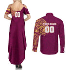Personalized Brisbane Lions Polynesian Couples Matching Summer Maxi Dress and Long Sleeve Button Shirt Tribal Chest and Sleeve Tattoo Heritage Warrior