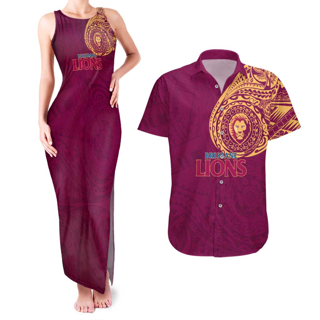 Personalized Brisbane Lions Polynesian Couples Matching Tank Maxi Dress and Hawaiian Shirt Tribal Chest and Sleeve Tattoo Heritage Warrior