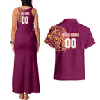 Personalized Brisbane Lions Polynesian Couples Matching Tank Maxi Dress and Hawaiian Shirt Tribal Chest and Sleeve Tattoo Heritage Warrior