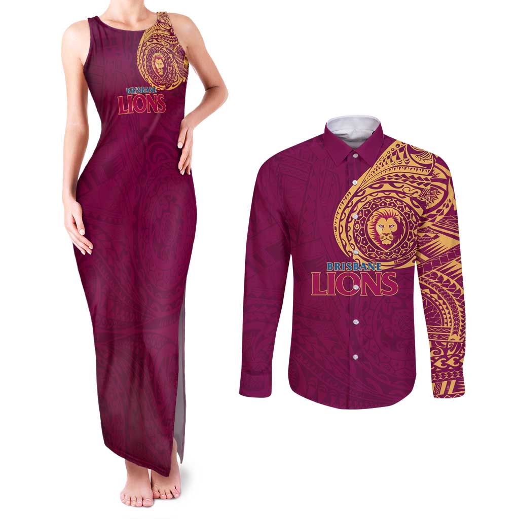 Personalized Brisbane Lions Polynesian Couples Matching Tank Maxi Dress and Long Sleeve Button Shirt Tribal Chest and Sleeve Tattoo Heritage Warrior