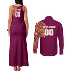 Personalized Brisbane Lions Polynesian Couples Matching Tank Maxi Dress and Long Sleeve Button Shirt Tribal Chest and Sleeve Tattoo Heritage Warrior