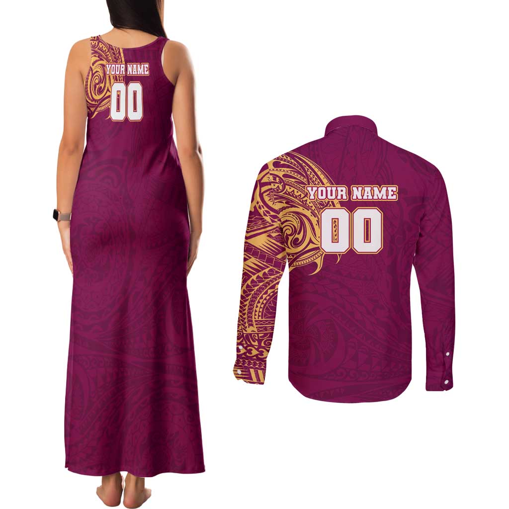 Personalized Brisbane Lions Polynesian Couples Matching Tank Maxi Dress and Long Sleeve Button Shirt Tribal Chest and Sleeve Tattoo Heritage Warrior