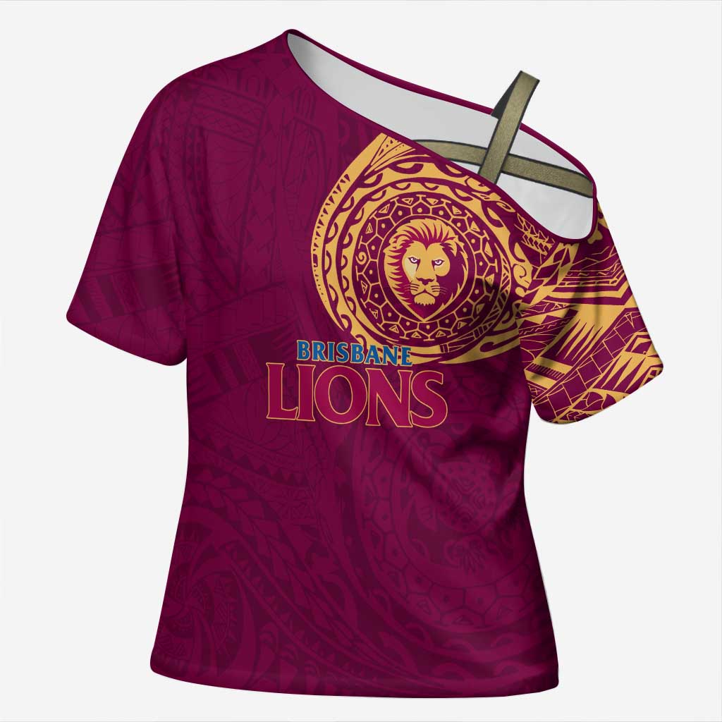 Personalized Brisbane Lions Polynesian Cross Shoulder Shirt Tribal Chest and Sleeve Tattoo Heritage Warrior