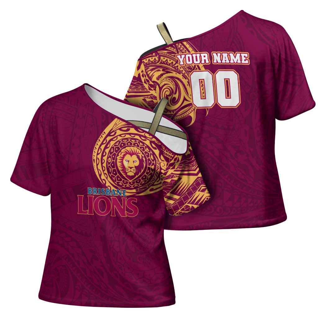 Personalized Brisbane Lions Polynesian Cross Shoulder Shirt Tribal Chest and Sleeve Tattoo Heritage Warrior