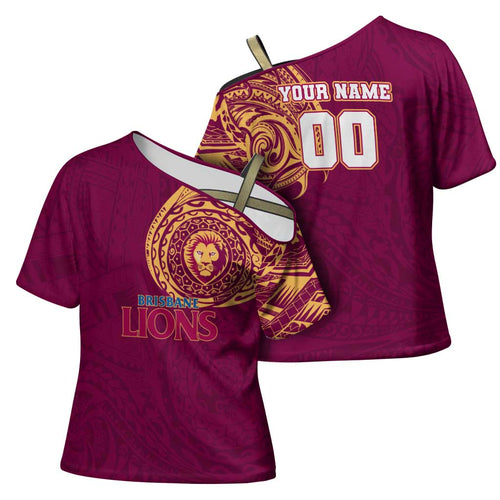 Personalized Brisbane Lions Polynesian Cross Shoulder Shirt Tribal Chest and Sleeve Tattoo Heritage Warrior