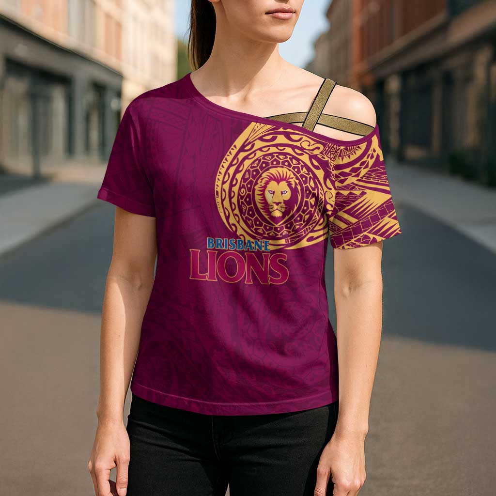 Personalized Brisbane Lions Polynesian Cross Shoulder Shirt Tribal Chest and Sleeve Tattoo Heritage Warrior