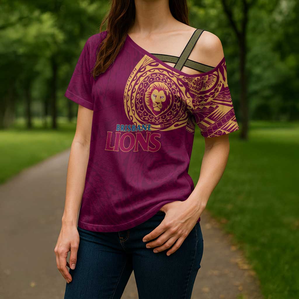 Personalized Brisbane Lions Polynesian Cross Shoulder Shirt Tribal Chest and Sleeve Tattoo Heritage Warrior